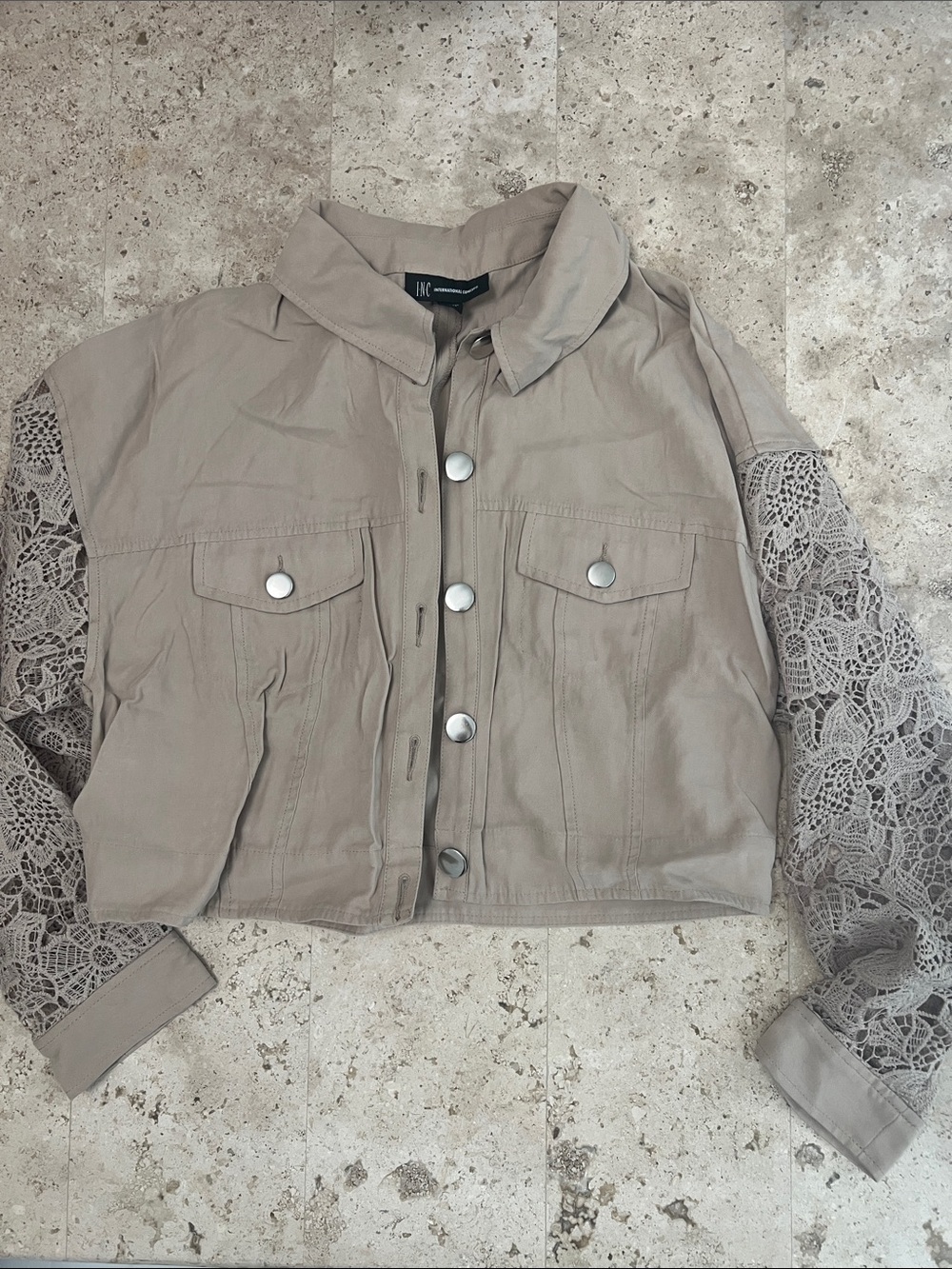 INC International Concepts Lace-Sleeve Cropped Jacket - Taupe